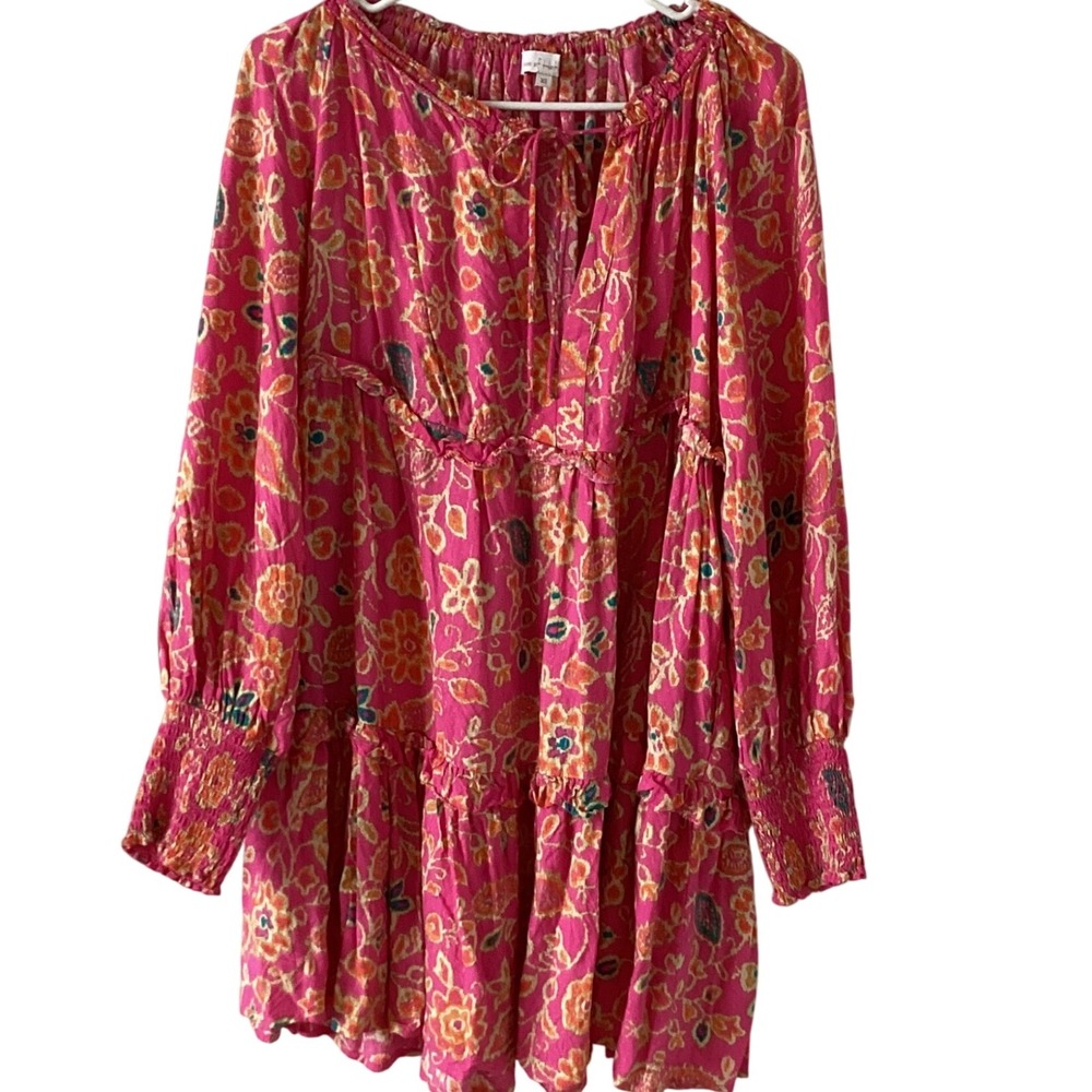 House of Harlow 1960 Pink Floral Tiered Ruffle Long Sleeve Tunic Dress XS